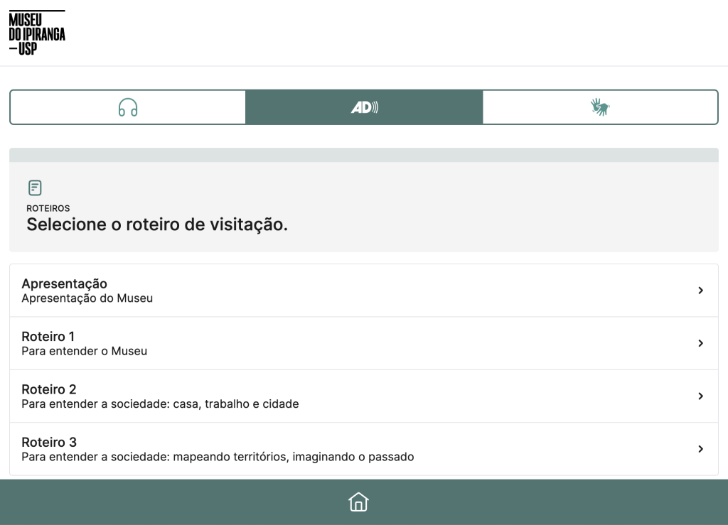 Print da tela de acesso dos audioguias com audiodescrição do Museu do Ipiranga