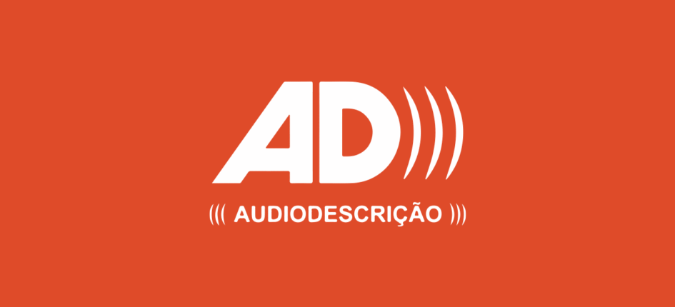 Símbolo da auidodescrição em branco sobre fundo laranja